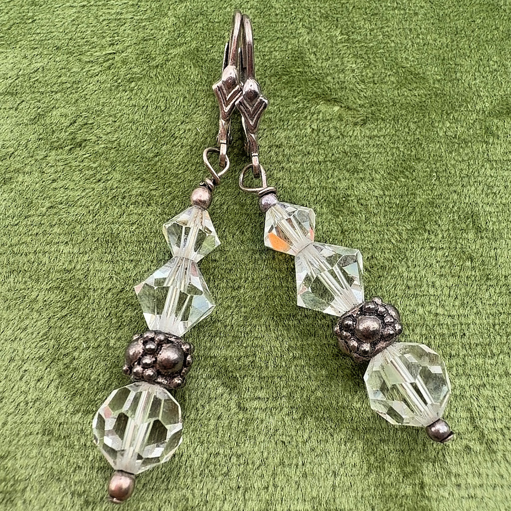 Vintage Sterling Silver 925 Leverback Dangle Earrings AB Crystal Beads 2"